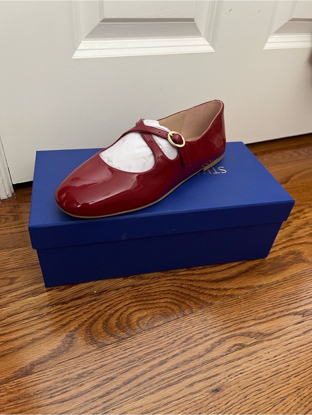 Stuart Weitzman Red Patent MaryJane Flat with Gold Buckle